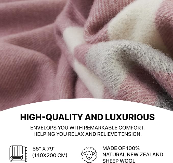 New Zealand Virgin Wool Throw Blanket, Indoor & Outdoor Blankets and Throws, Striped Soft Blanket with Fringes, 55 x 79 in (140 x 200 cm), Pink, Gray, & White
