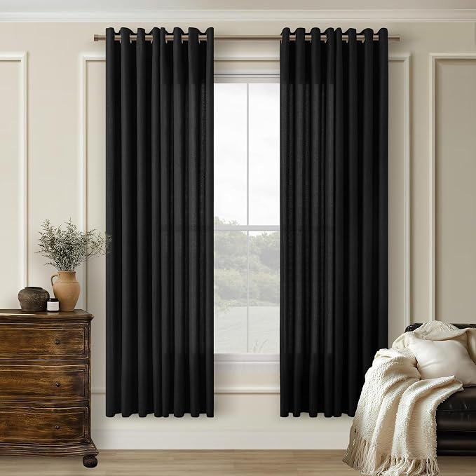 Black Linen Sheer Curtains 72 Inch Length for Bedroom Grommet Not See Through with Light Filtering Privacy Semi Sheer Modern Farmhouse Curtains for Living Room Cabin Gothic Decor 72 Inches Long