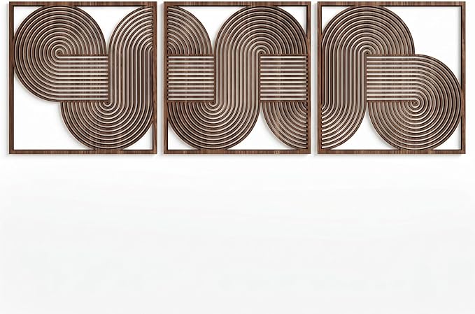 Yerliker 3 Pcs Mid Century Modern Wood Wall Art Decorations 3D Geometric Abstract Wall Sculpture for Living Room Bedroom Office Minimalist Aesthetic(Mid-century,11.81 x 11.81 x 1.97 Inch)