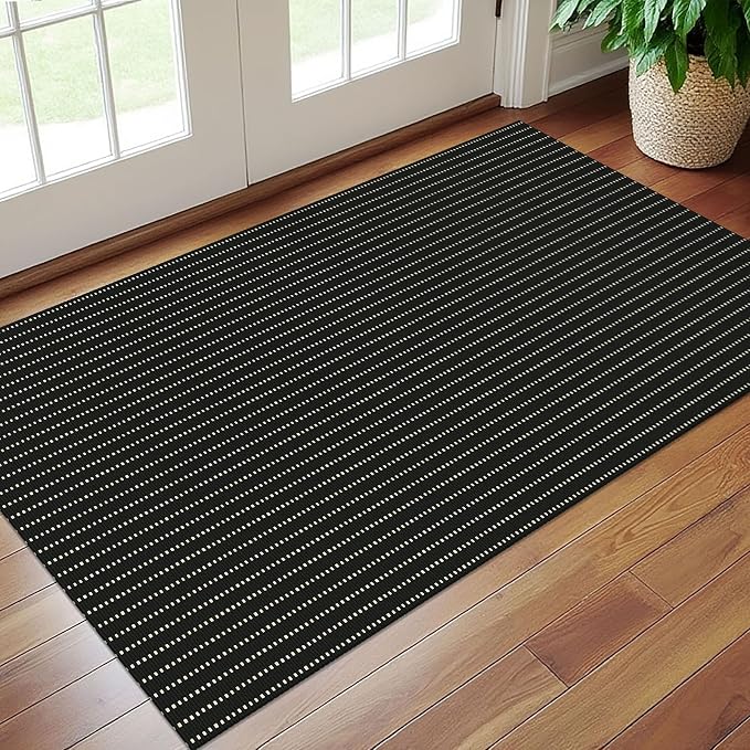 EARTHALL Washable Area Rug 3x5 Ft Non Slip Rugs for Entryway, Non Slip Braided Throw Rugs Door Mat Indoor Outdoor Entrance, Cotton Woven Carpet for Kitchen Foyer Front Door, Black/Cream