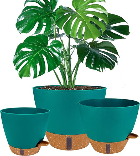 8/10/12 Inch Self Watering Pots for Indoor/Outdoor Plants - Large Plastic Planter with Drainage Holes, Water Level Indicator & Deep Reservoir, Modern Decorative Flower Pots (Turquoise)