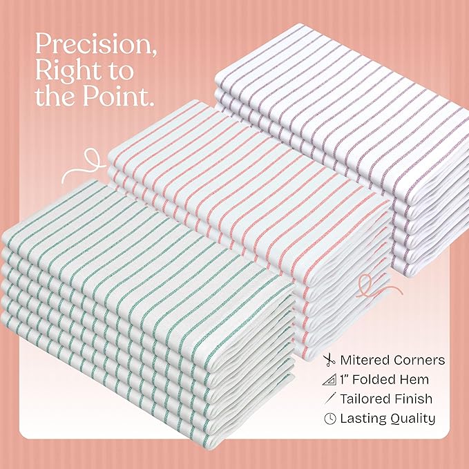 Multi Pack Stripe Napkins Set of 12, 18x18 Inch, 100% Cotton, Classic Striped Durable Napkin for Dinner, Wedding, Reusable and Washable for Everyday Dining - Burgundy, Orange, Green
