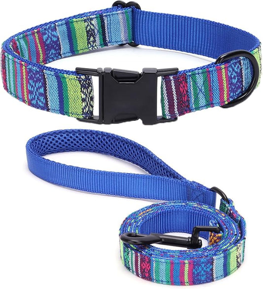 Dog Collar and Leash Set for Dogs Walking Bohemia Ethnic Style | Soft Durable Nylon Adjustable Collar with Metal Buckle 5ft Matching Leash with Padded Handle for Small Medium Large Dogs