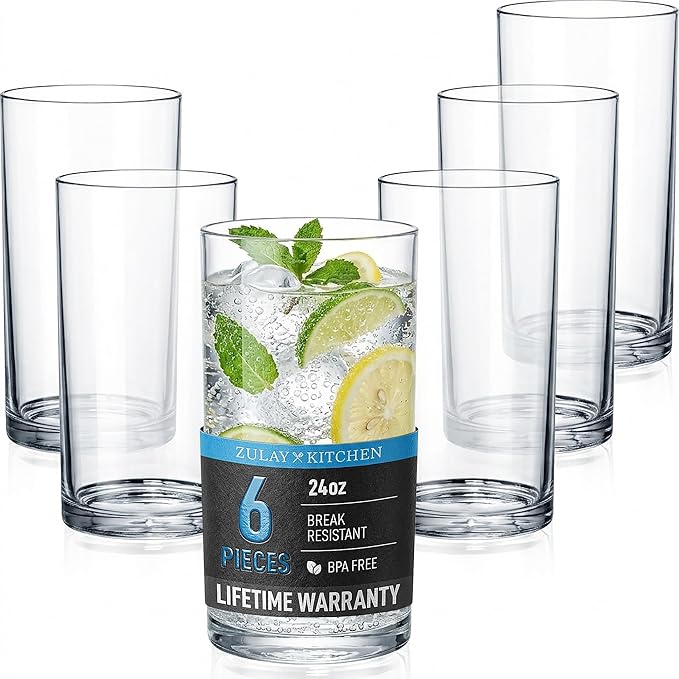 Zulay Kitchen Plastic Drinking Glasses (Set of 6) – 24oz Acrylic Shatterproof Water Cups for Home, Kitchen & Outdoors – Crystal Clear Glass Look – BPA & Lead-Free – Top-Rack Dishwasher Safe