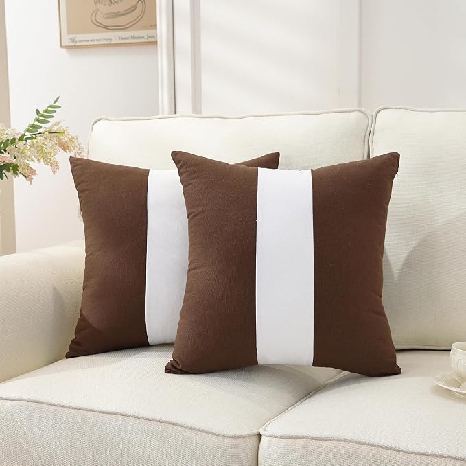 TAOSON Set of 2, Brown 100% Cotton Canvas Patchwork Throw Pillow Covers 18x18 Inch, Modern White Striped Farmhouse Decor Cushion Covers for Sofa Couch Bedroom Living Room