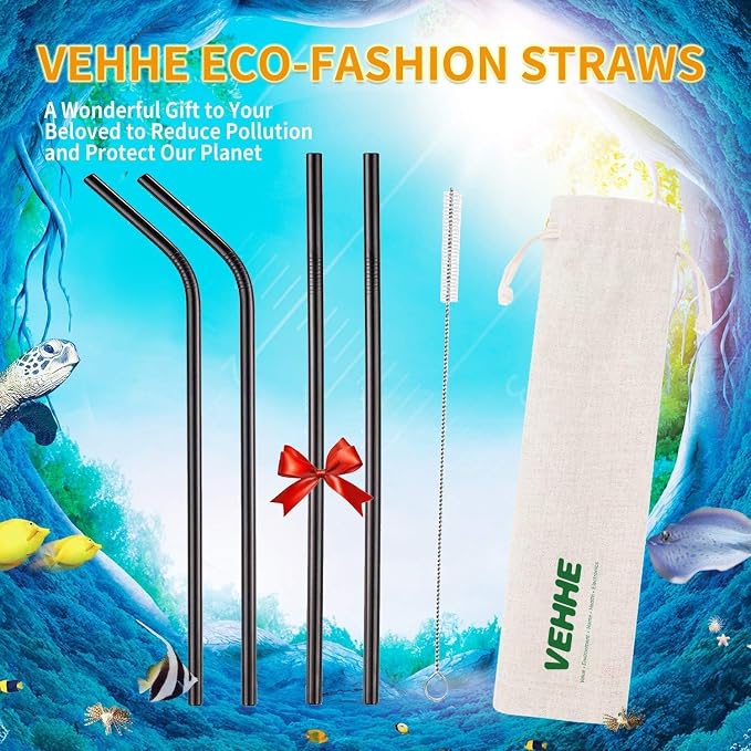 VEHHE Black Metal Straws Reusable Stainless Steel Straws with Cleaning Brush for 20/30 Oz for Yeti RTIC SIC Ozark Trail Tumblers (Black 2 Straight|2 Bent|1 Brush)