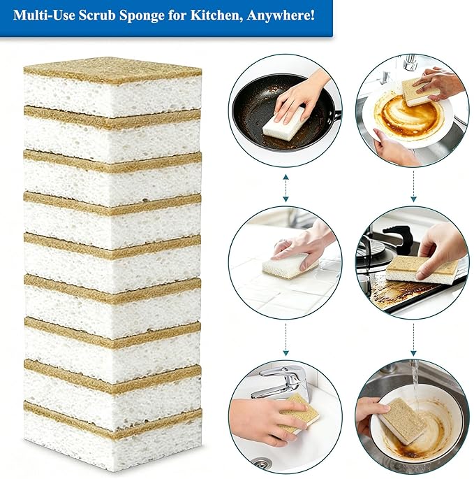 Natural Kitchen Sponges, 12 Pack Eco Biodegradable Compostable Coconut Fiber & Cellulose Heavy Duty Scrub Sponge for Dishes, Organic Non-Scratch Cleaning Sponges for Non Stick Cookware, Pots