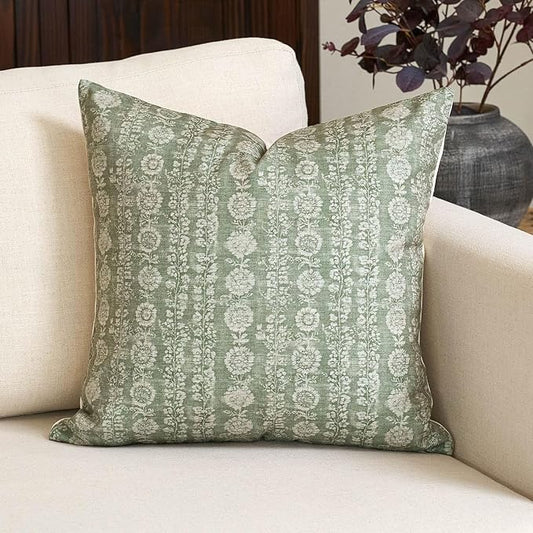 Amor Virisso Vintage Floral Throw Pillow Covers 18x18 Striped Farmhouse Block Print Pillow Cover Boho Neutral Decorative Pillows for Living Room Bed, Sage Green