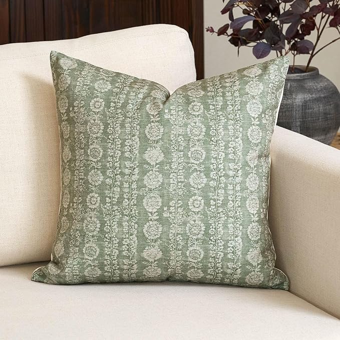Amor Virisso Vintage Floral Throw Pillow Covers 20x20 Striped Farmhouse Block Print Pillow Cover Boho Neutral Decorative Pillows for Living Room Bed, Sage Green