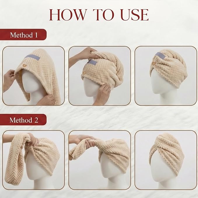 2 Pack Microfiber Hair Towel Wrap for Women 26 x 10 in | Hair Drying Towel with Button | Hair Turban Towel Quick Dry Waffle Coral Fleece Head Towels (Grey + Camel)