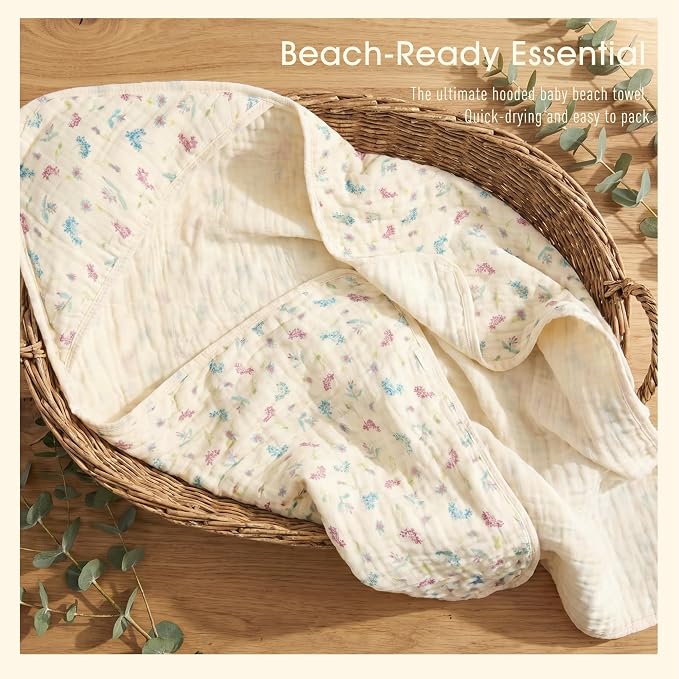Muslin Baby Hooded Towel, Wildflower Floral, 32"x32" | 70% Organic Cotton & 30% Viscose from Bamboo, 6-Layer Fabric, Soft for Bath & Beach, Eco Kraft Gift Box
