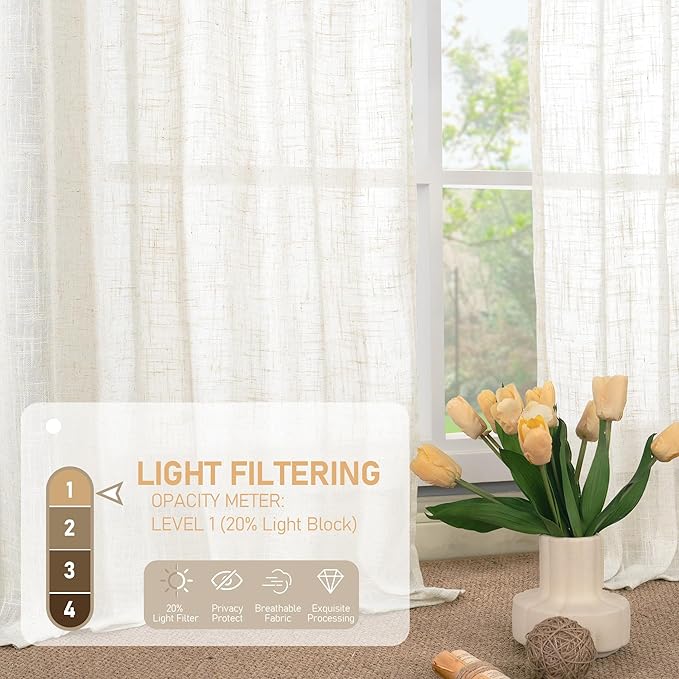 LAMIT Semi Sheer Linen Curtains 40 Inch Length for Cafe, Light Filtering Panels Back Tab and Rod Pocket Neutral Drapes for Bathroom/Kitchen, 25 x 40 Inch, Cream, 2 Panels