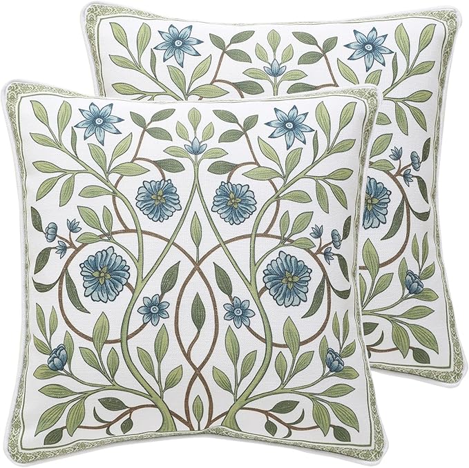 ISAENNE Design Fresh Linen Square Throw Pillow Covers 18"x18" Pack of 2, French White Cottage Cushion Covers with Blue Floral Branches Pattern Decor Pillowcases for Bed,Living Room,Outdoor,Car