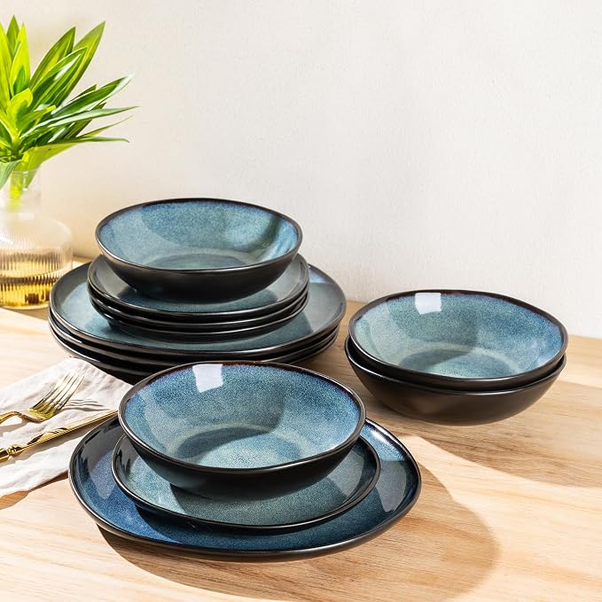 AmorArc Ceramic Dinnerware Sets,Handmade Reactive Glaze Stoneware Plates and Bowls Sets,Highly Scratch Resistant | Dishwasher & Microwave Safe Dishes Set,Service for 4 (12pc)