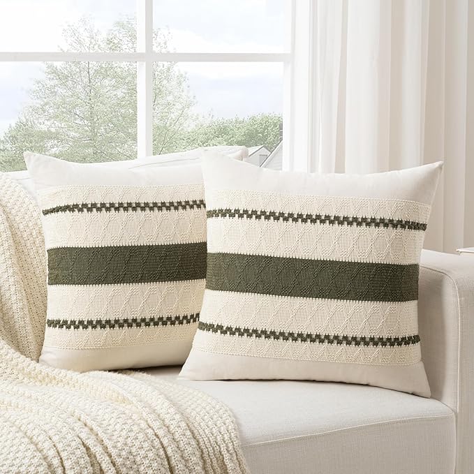 Fancy Homi Set of 2 Boho Olive Green Decorative Throw Pillow Cover 18x18 Inch for Couch Bed Sofa, Aesthetic Modern Organic Farmhouse Home Decor, Soft Cotton Cute Accent Macrame Woven Cushion Case