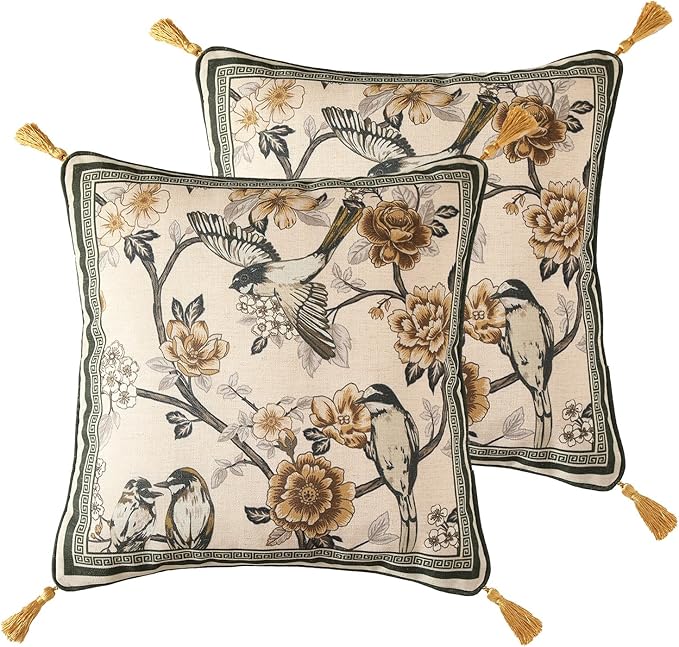 ISAENNE Design Linen Chinoiserie Square Throw Pillow Covers 18"x18" Pack of 2, Farmhouse Cushion Covers with Yellow Floral Birds Pattern Decoration Pillowcases for Bed,Living Room,Outdoor,Car