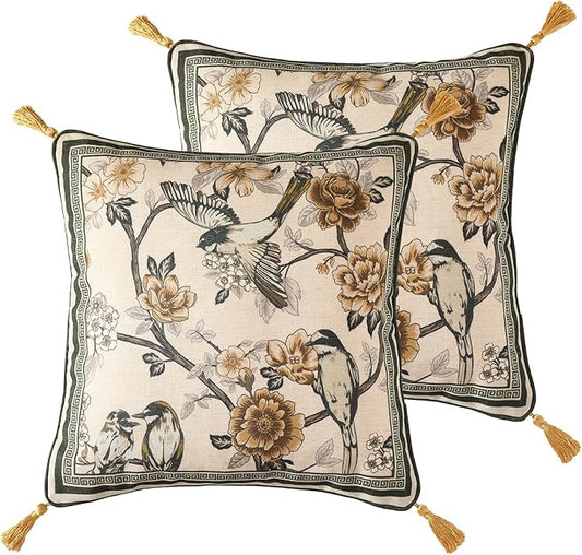 ISAENNE Design Linen Chinoiserie Square Throw Pillow Covers 18"x18" Pack of 2, Farmhouse Cushion Covers with Yellow Floral Birds Pattern Decoration Pillowcases for Bed,Living Room,Outdoor,Car