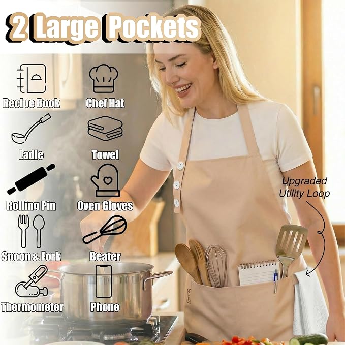 TOSHE Kitchen Apron Waterdrop Resistant Cotton Apron with adjustable Aprons for Women with Pockets 10 Color option Cooking Beige Apron(Beige)