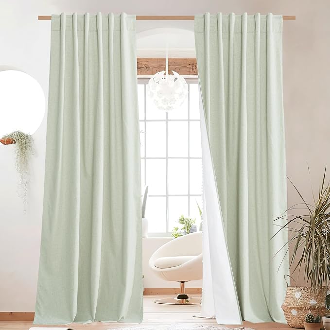 NICETOWN Light Green Blackout Linen Curtains 95" Long, Rod Pocket Back Tab Full Light Blocking Drapes with White Thermal Insulated Liner for Nursery, Hall, Villa (2 Pieces, 52" Wide Each Panel)