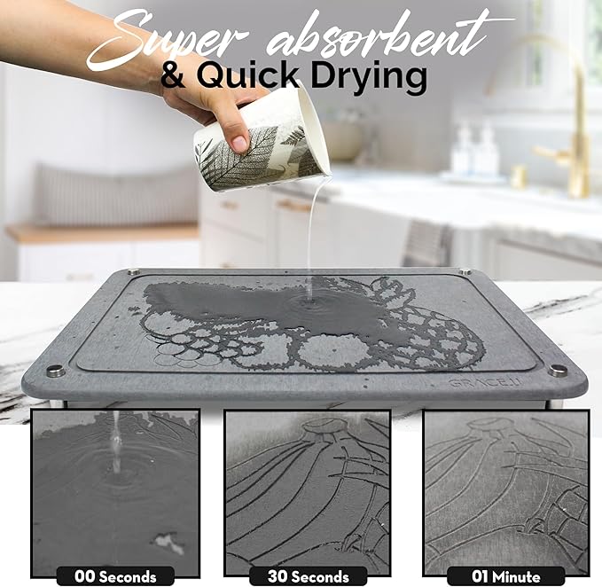 Stone Dish Drying Mat for Kitchen Counter, Absorbent Quick Drying with Non-Slip Feet - Heat Resistant ( 15.7 x 11.8 ) Diatomaceous Earth - Dark Gray