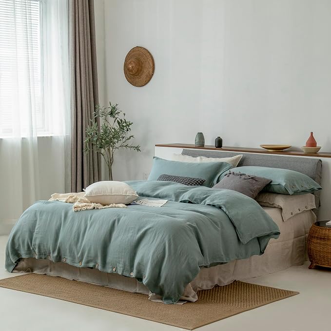 EVERLY 100% Pure Linen Duvet Cover Set California King Size 104X98Inch 3pcs (1 Duvet Cover,2 Pillowcases) Soft and Breathable for All Season with Coconut Button Closure,Suitable for Hot Sleepers-Aqua