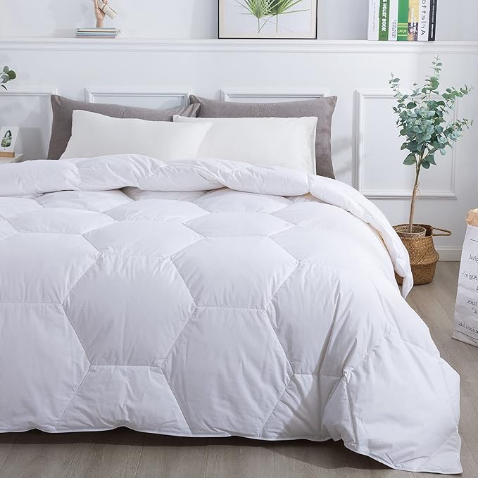 Feather and Loom Honeycomb Stitch Down Alternative All Season Comforter - Soft and Easy Care Microfiber Cover, Hypoallergenic High Loft Fiber Fill, Machine Washable - Color: White Size: King