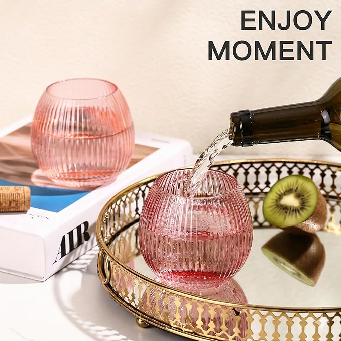 JOVGANK Pink Ribbed Drinking Glasses Set of 6-10.8 OZ Stemless Wine Champagne Whiskey Cocktail Glass, Reusable Wine Cups for Home Party Wedding Bar
