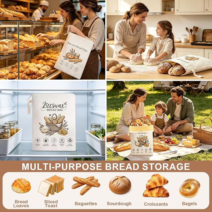 Beeswax Bread Bags 2 Pack Reusable Cotton Sourdough Storage Eco | L-zipper opens wide for easy loading. Beeswax coating keeps bread fresh. Washable, freezer-safe. 2 designs.