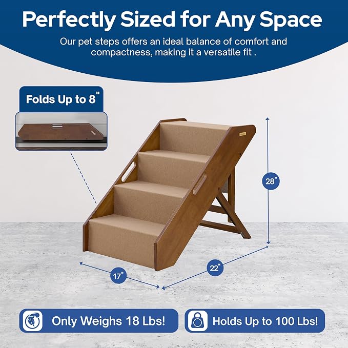 Stakmore Pet Steps with Solid Fruitwood Construction and Foldable Design, Stairs for High Beds for Pets in All Life Stages, Brown Felt