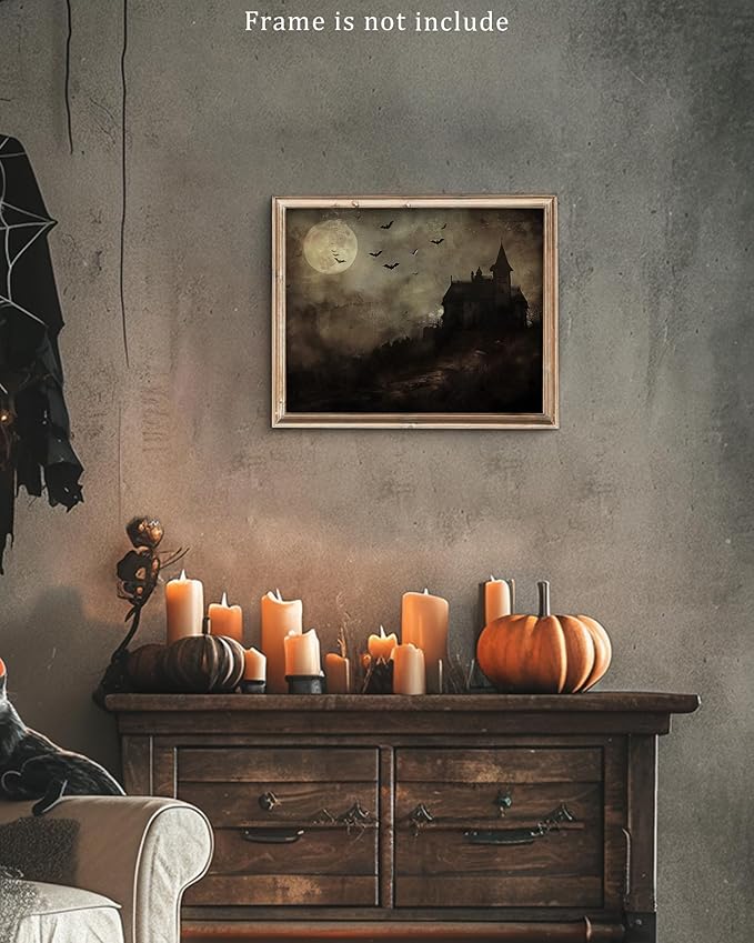 Vodefoad Vintage Haunted House Oil Painting Art Print, Spooky Gothic Halloween Picture Wall Decor, Spooky Haunted House Landscape Canvas Painting, Retro Moody Dark Academia Decor for Gallery, Living Room, Bathroom, Bedroom,Holiday Gift - 8x10Inch Unframe