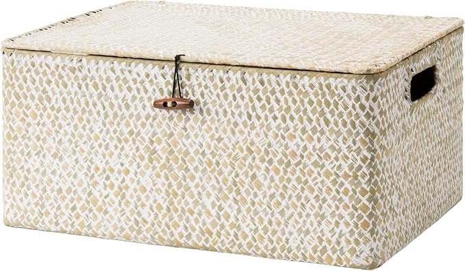 StorageWorks Wicker Baskets with Lid, Seagrass Storage Baskets for Shelves, Decorative Box with Built-in Handles,White