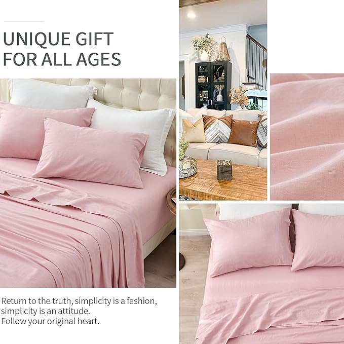 BISELINA Linen Sheet French Flax Flat Sheet Only 55% Euro Linen 45% Cotton Basic Style Solid Color Soft Breathable Farmhouse Top Sheet 1-Piece (King, Pale Pink)