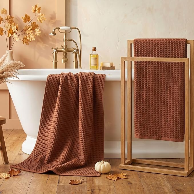 Jacquotha Waffle Bath Towels Set of 2 (Rust) - Low Lint, Lightweight & Quick Dry Cotton Towels, Fall Bathroom Decor, Large 31” x 62”