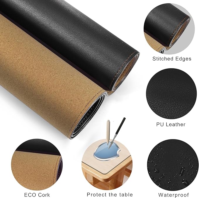 MAIDERN Leather Desk Mat, 31.5” x 24” Reversible Large Desk Pad Mat, Cork & Leather Large Mouse pad for Desk, Waterproof Computer Desk Mat for Gaming Home Office (Black)