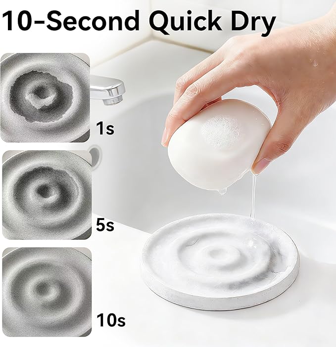 Round Diatomite Stone Soap Dish & Tray - Water Absorbing Soap Holder for Bathroom Kitchen Sink, Quick Dry Sponge Holder, Bar Soap Organizer, Non-Slip Drying Tray & Coaster (Gray)