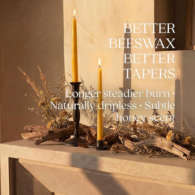 Bluecorn Beeswax Taper Candles, 100% Pure Natural Bees Wax, Pair of 10 Inch Yellow Tapered Candlesticks, Clean Burning & Dripless, Fragrance Free, Long Lasting, Home Decor, American Made, 1 Count