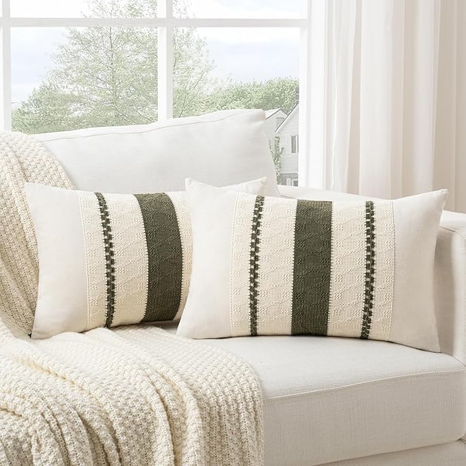 Fancy Homi Set of 2 Boho Olive Green Long Lumbar Decorative Throw Pillow Cover 16x24 Inch for Couch Bed Sofa Chair, Modern Organic Farmhouse Home Decor, Soft Cotton Cute Accent Rectangle Cushion Case