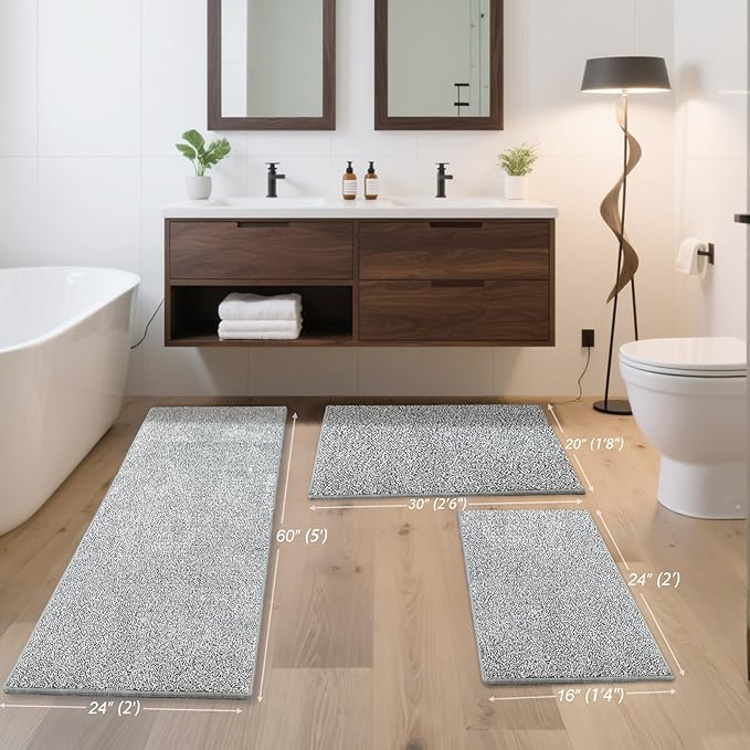HDFK Bath Mat Runner Non Slip 60x24 Inches Bathroom Rugs 2 Tone Chenille Medium Pile with TPR Backing | Absorbent Solid Light Gray | Long Shower Transition Mats for Tub Side Wet Dry Zone Decor