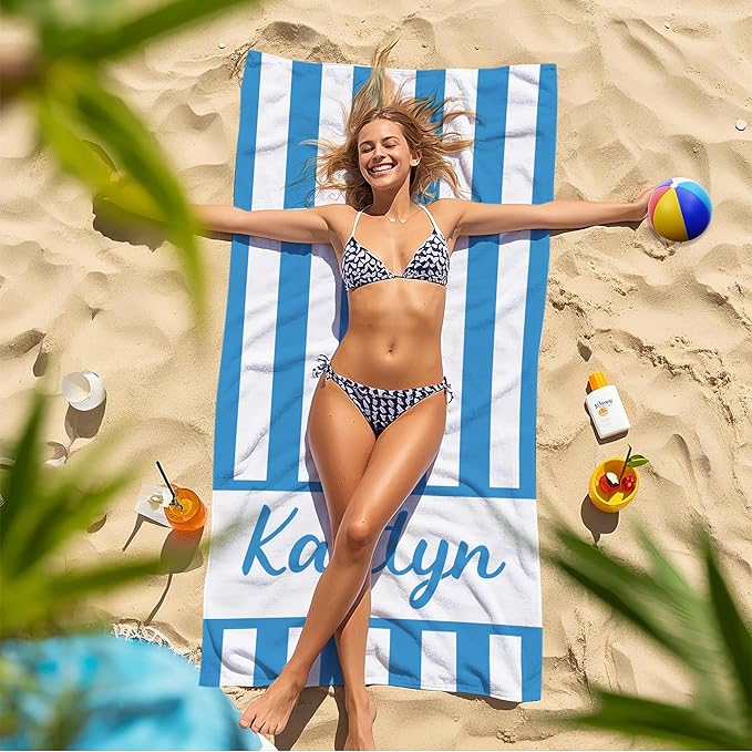 JML Personalized Beach Towel with Name, Custom Cabana Stripe Beach Towel, Customized Microfiber Pool Towel, Quick Dry & Absorbent Swim Towel for Adult,Mother's Day, Birthday, Summer Holiday,Vacation
