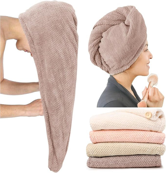 ROLSHOL Extra Large 4 Pack Microfiber Hair Towel Wrap for Women Super Absorbent & Quick Dry Hair Drying Towels with Button, Hair Turbans for Curly Hair Long & Short Hair - Anti-Frizz (Pink Pinstripe)
