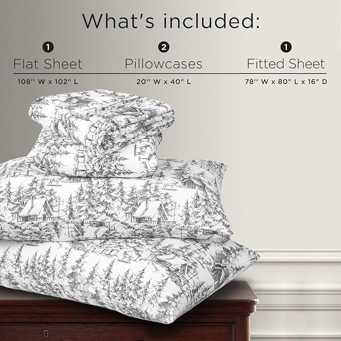 Briarwood Home Printed Flannel Sheet Set, 100% Natural Cotton, Soft, Warm & Deep Pocket, Advanced Nano-Tech Making It Resistance to Pilling; Brushed 6 Times for Softness, Grey Sylvania, King, 4 Piece