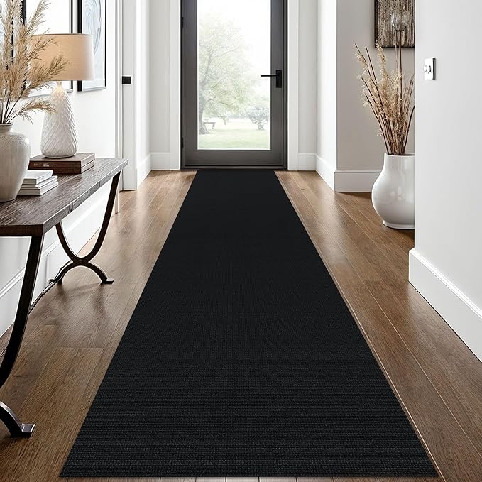 EARTHALL Washable Runner Rug 2x12 Ft Non Slip Runners for Hallways Long Cotton Rubber Backed Kitchen Runner Braided Indoor Floor Carpet Runners for Entryway, Hall, Kitchen, Black/Grey