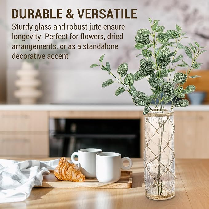 MyGift Rustic Clear Glass Vase with Hand-Woven Hemp Rope Wrap – Decorative Tabletop Flower Vase for Farmhouse, Boho, or Coastal Home Decor