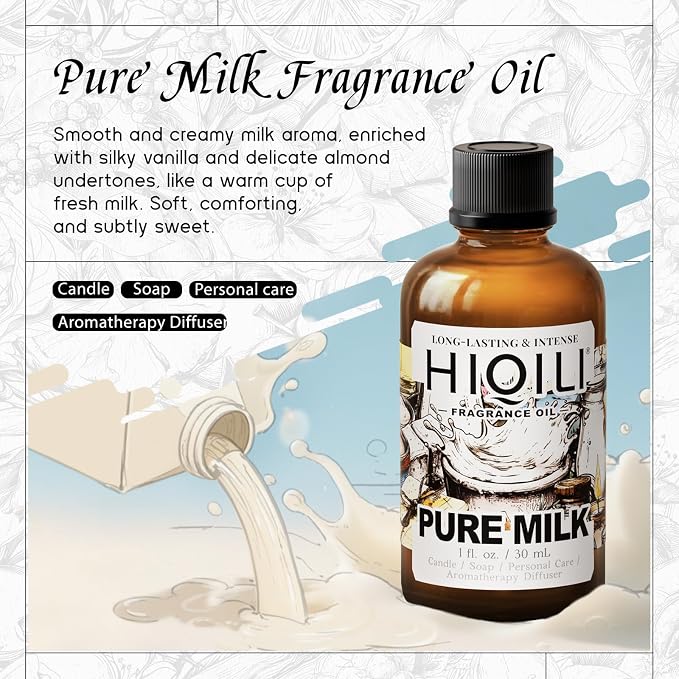 HIQILI Pure Milk Fragrance Oil for Soap Making & Body Wash - 1 Fl Oz | Long-Lasting Scent, Suitable for Home Diffuser, Making Candle, Scrub, Skin Product, Pet Safe, Graduated Dropper Included