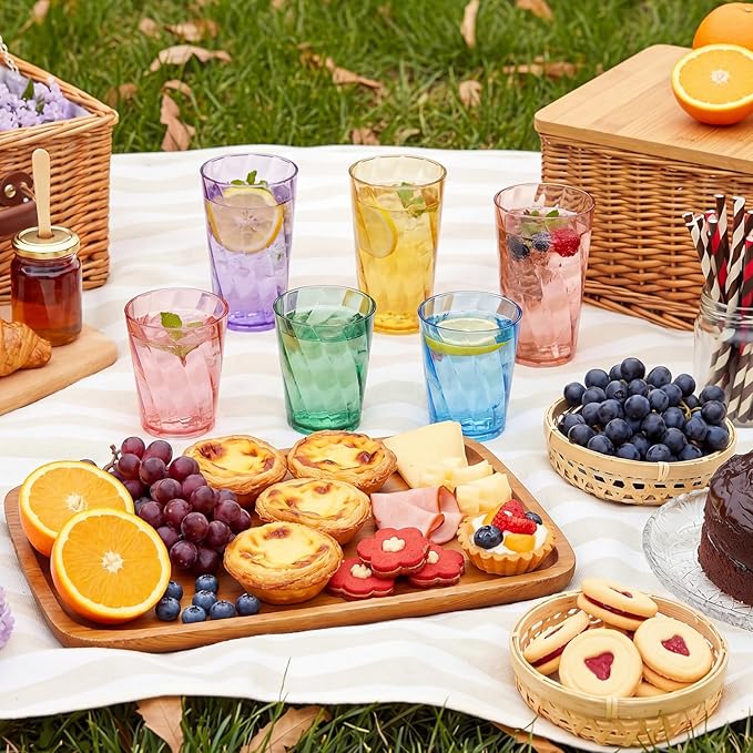 LemonRoad 24 Pack Reusable Plastic Drinking Glasses Set - 20oz &13.5oz Stackable Tumbler, Shatter-resistant Highball Cup for Water, Cocktail, Iced Coffee, Indoor Outdoor, BBQ, Patio, Pool (Multicolor)