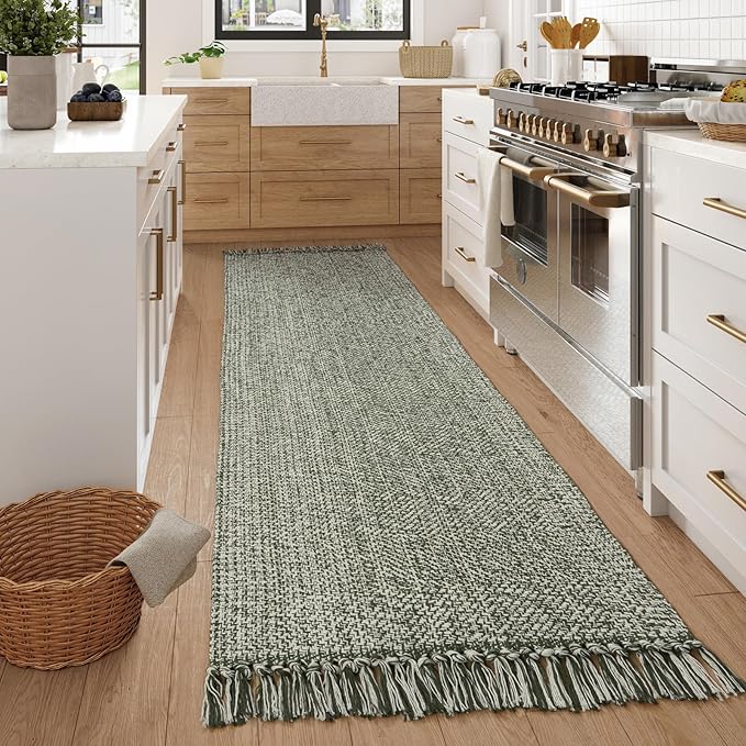 Collive Washable Boho Carpet Runners for Hallway 2.6x12ft, Farmhouse Long Rugs for Kitchen Cotton Hand Woven Bedroom Runner Rug Olive Green/Cream Low Pile Natural Floor Carpet for Indoor Hall Entryway