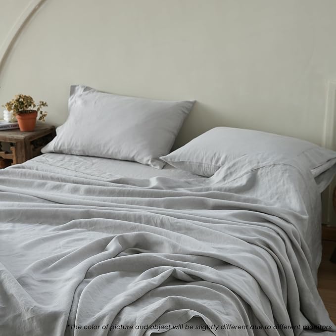 100% French Linen Pillowcases with Embroidery - Pack of 2 - Washed Solid Color Natural Flax Soft Breathable - Grey, 20'' x 40''