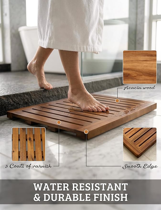 Acacia Wood Shower Mat 24x18 Inches by Demigo, Luxury Bath Mat Non Slip for Bathroom Bathtub Shower Spa Garden Home, Wooden Floor Mat Square Large for Outdoor and Indoor