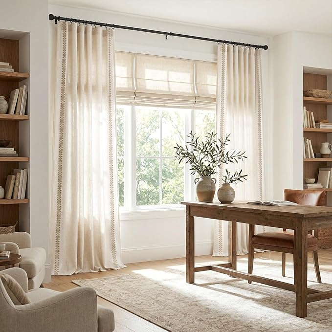 jinchan Beige Linen Blend Curtains with Woven Trim Boho Curtains 96 Inches Length 2 Panels for Living Room Bedroom Light Filtering 50 Inches Wide Rustic Farmhouse Drapes with Rod Pocket Back Tab Ecru