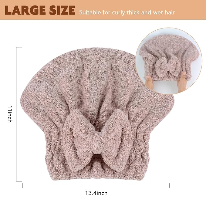 SUNLAND Large Microfiber Hair Drying Caps with Bow knot Fast Drying Shower Cap Soft and Absorbent hairWrap Hair Turban Bath Caps for Curly Thick and wet Hair 11 X 13.4 inch 2 Pack Multicolor